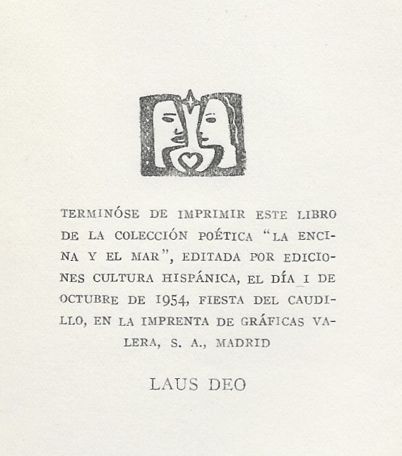Colofón del poemario Ángel en el País del Águila (1954), de Ángel Martínez Baigorri
